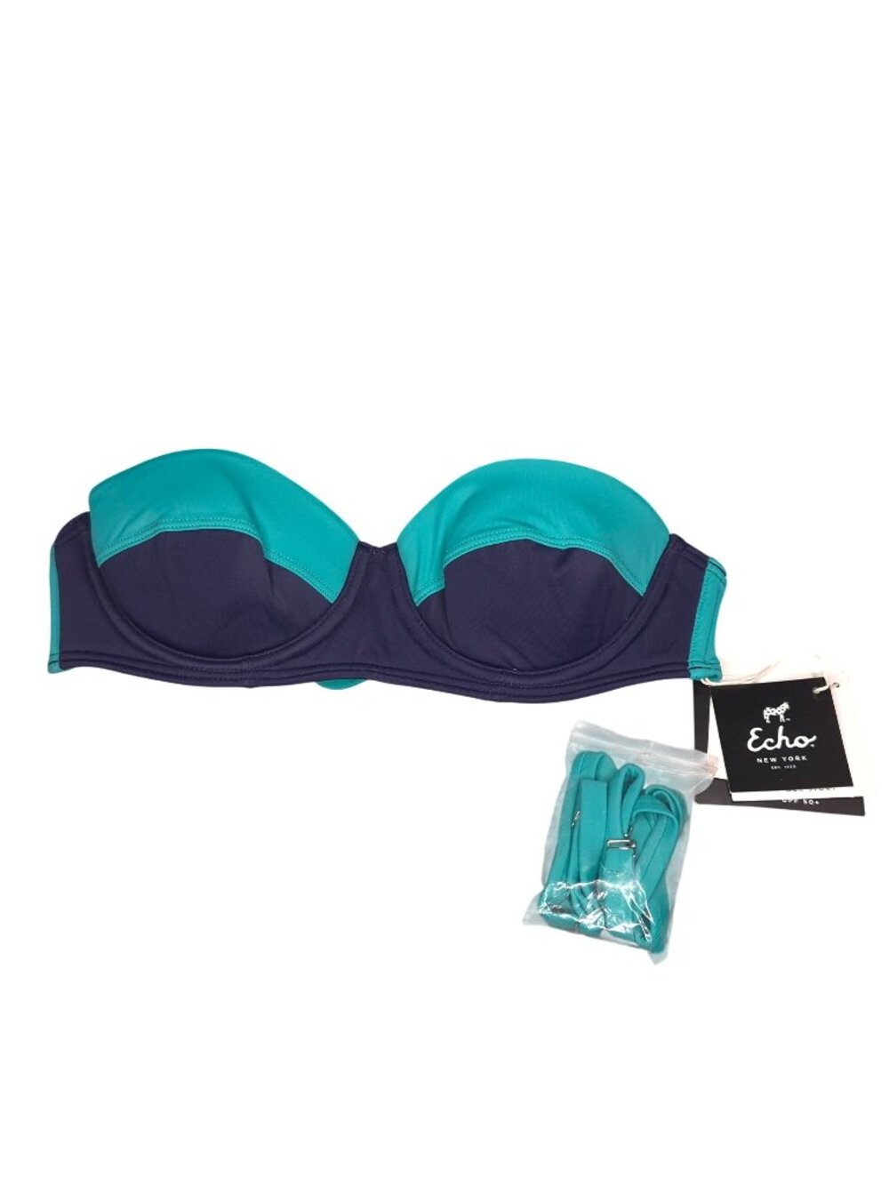 Echo New York Womens Blue Teal Bandeau Bikini Top XS Optional Straps UPF 50+